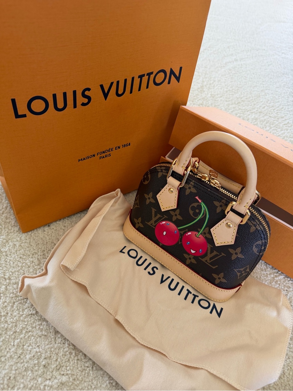 Louis Vuitton Brown Monogram Mini Top Handle Bag with Red Cherry Motif